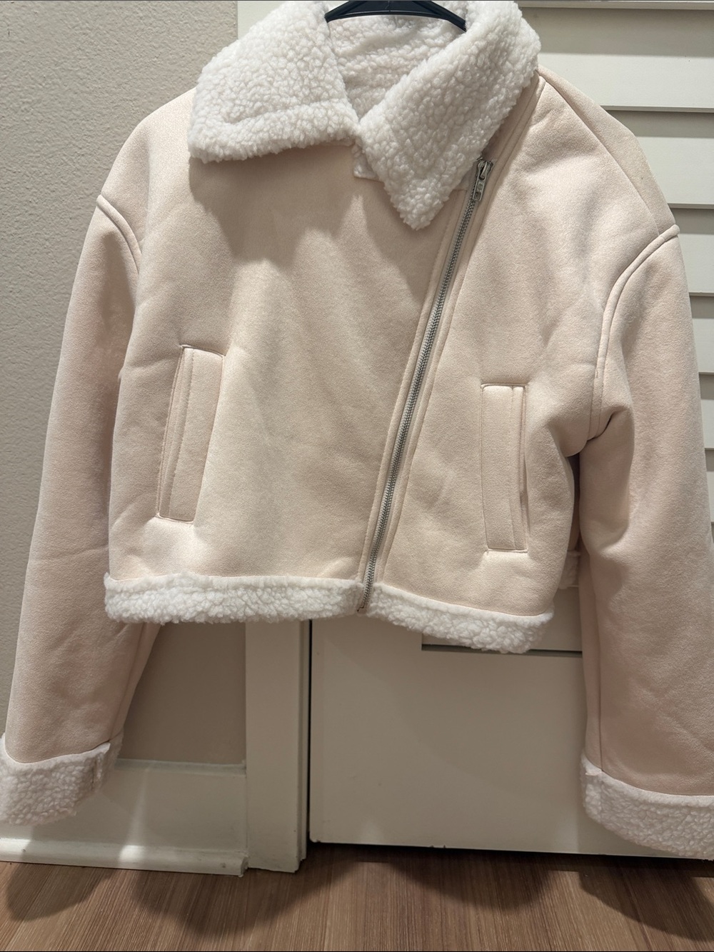 Cream Sherpa-Lined Cropped Zip Jacket